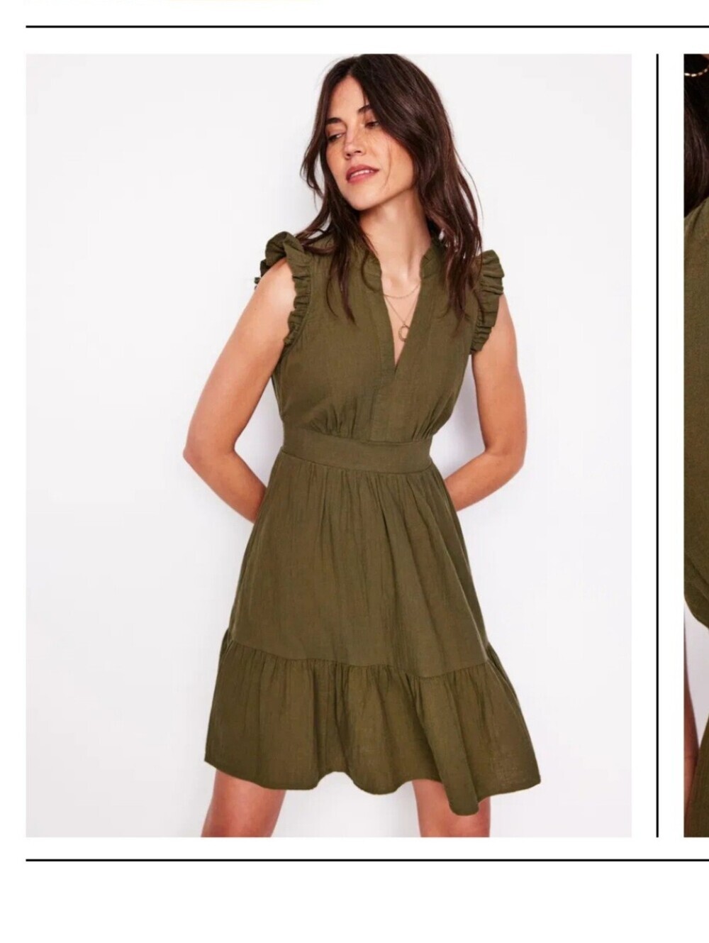 Boden Wren Double Cloth Dress Olive Green Ruffled Tiered Size 14 Long Pockets